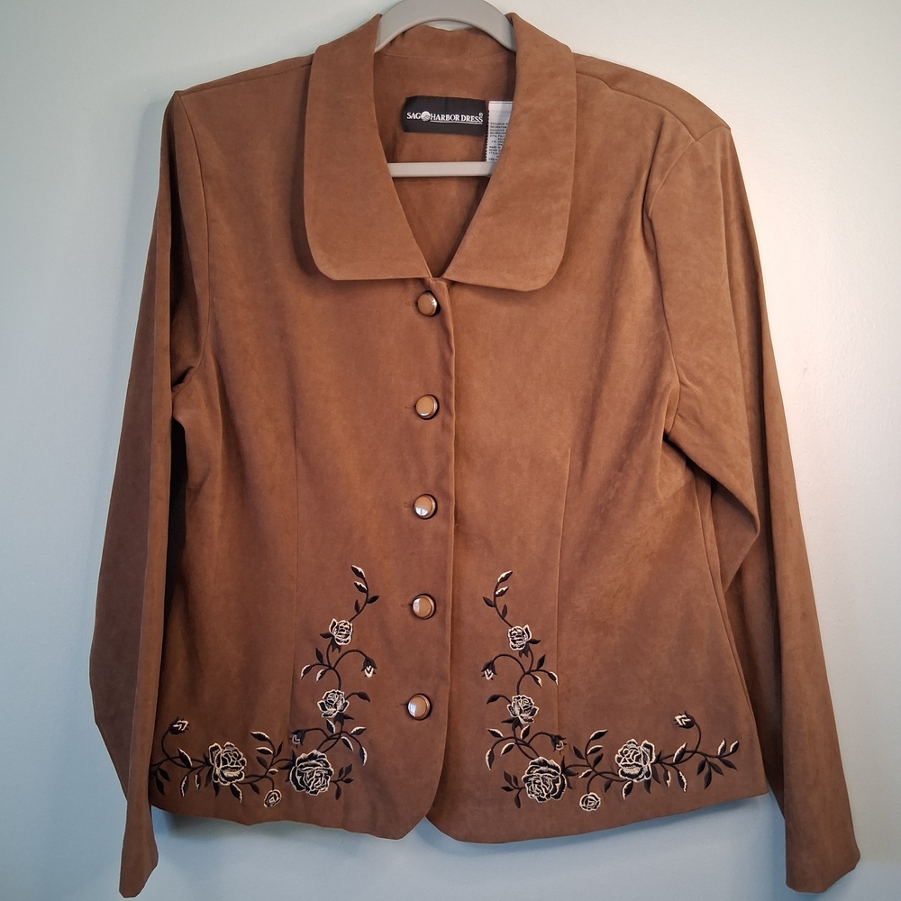 Vtg Sag Harbour Brown Embroidered Jacket Faux-Suede Size 14